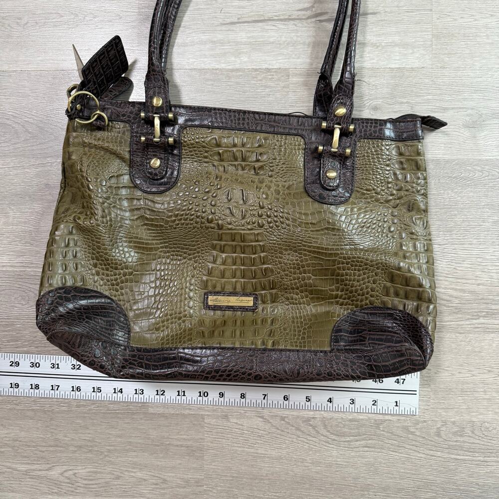 Etienne Aigner Women's Olive Green Croc Embossed Leather Tote Bag - Picture 11 of 16
